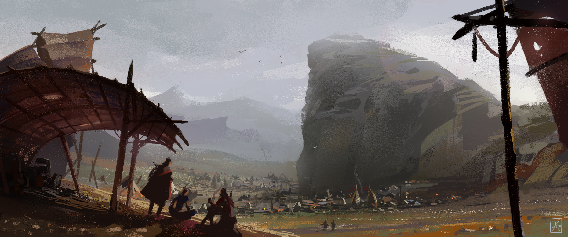 In the distance we see a city at the foot of a large half-domed cliff below a grey overcast sky. A group of nomadic travelers is relaxing in the foreground.